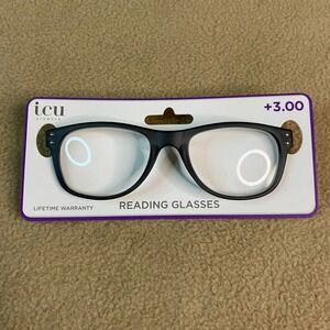 ICU Eyewear Cotati Matte Black Rectangular Reading Glasses +3.00 Magnifying NEW